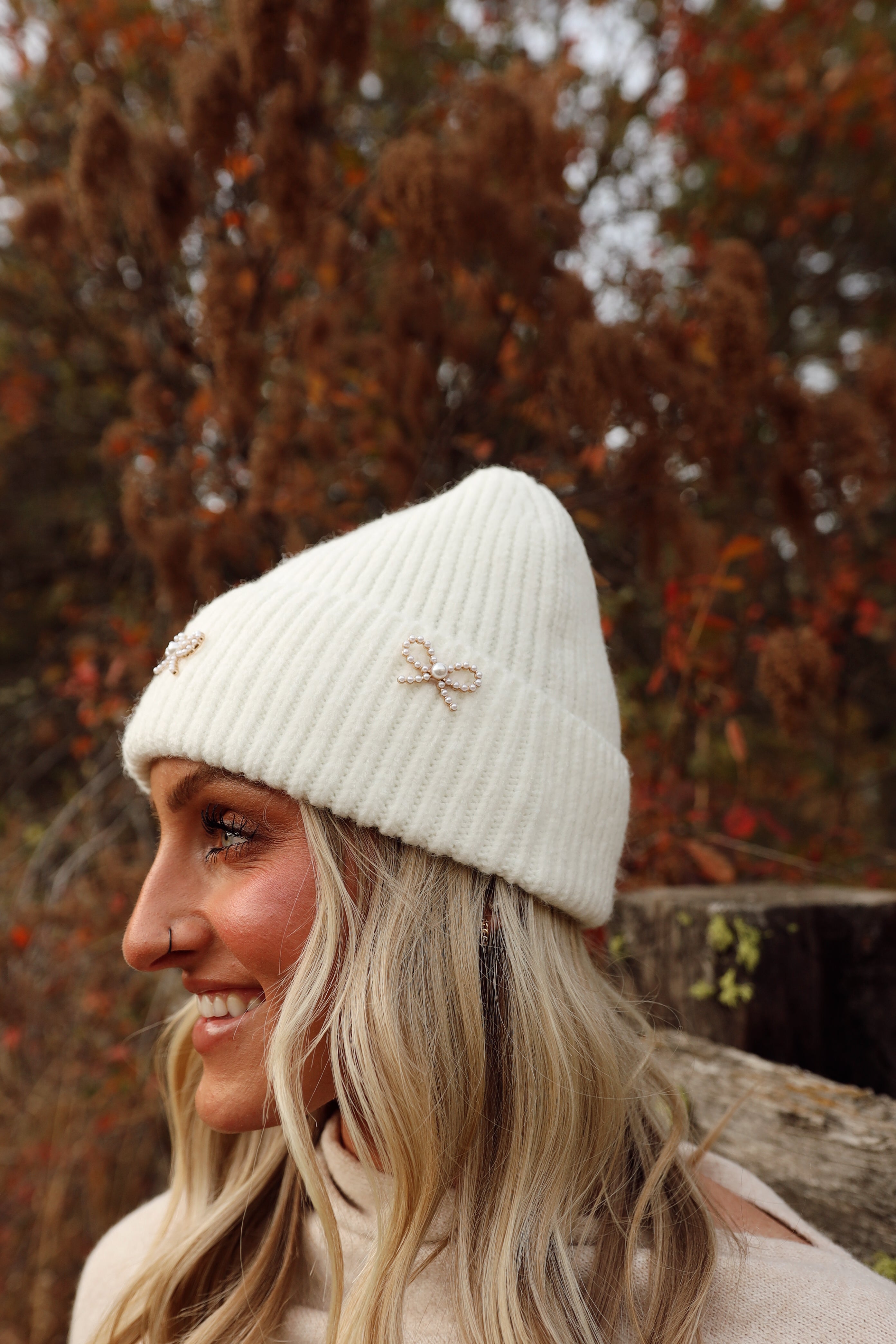 Pearl Bow Embellished Cuff C.C Beanie