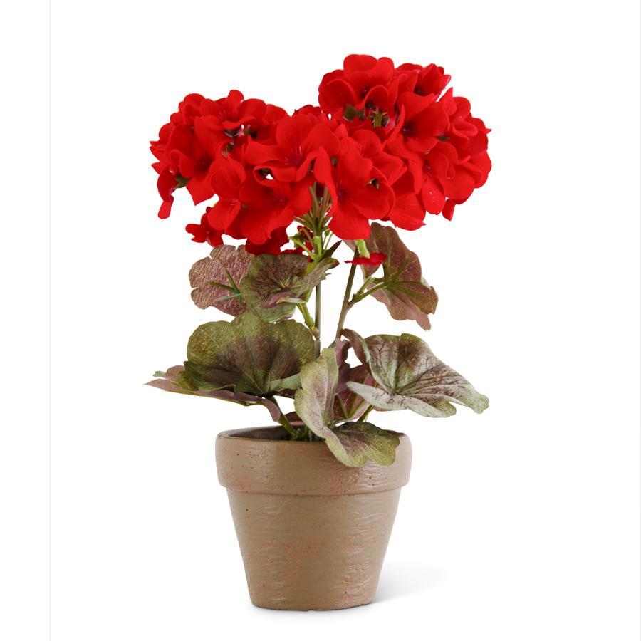 9 INCH RED GERANIUM IN DISTRESSED CLAY POT