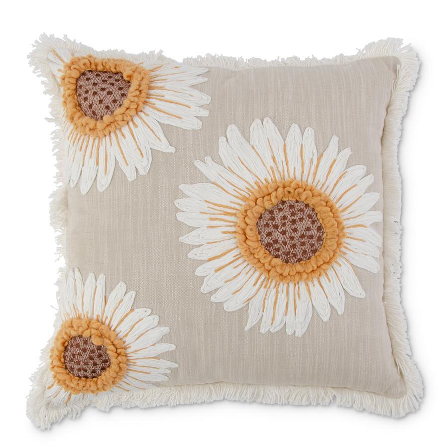 18 INCH SQUARE TAN LINEN PILLOW W/EMBROIDERED SUNFLOWERS