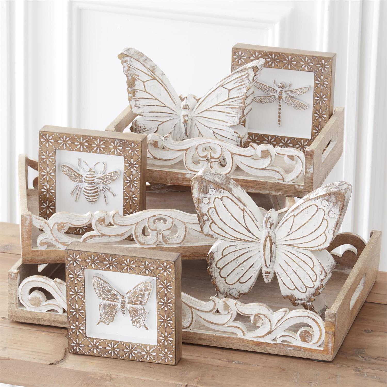 6 INCH WHITEWASHED CARVED RESIN INSECT SHADOW BOXES