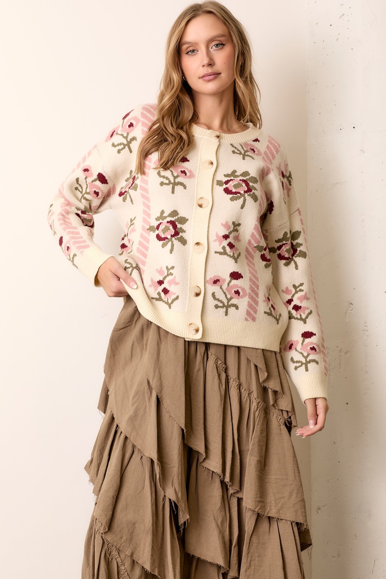 FLORAL INTARSIA CARDIGAN