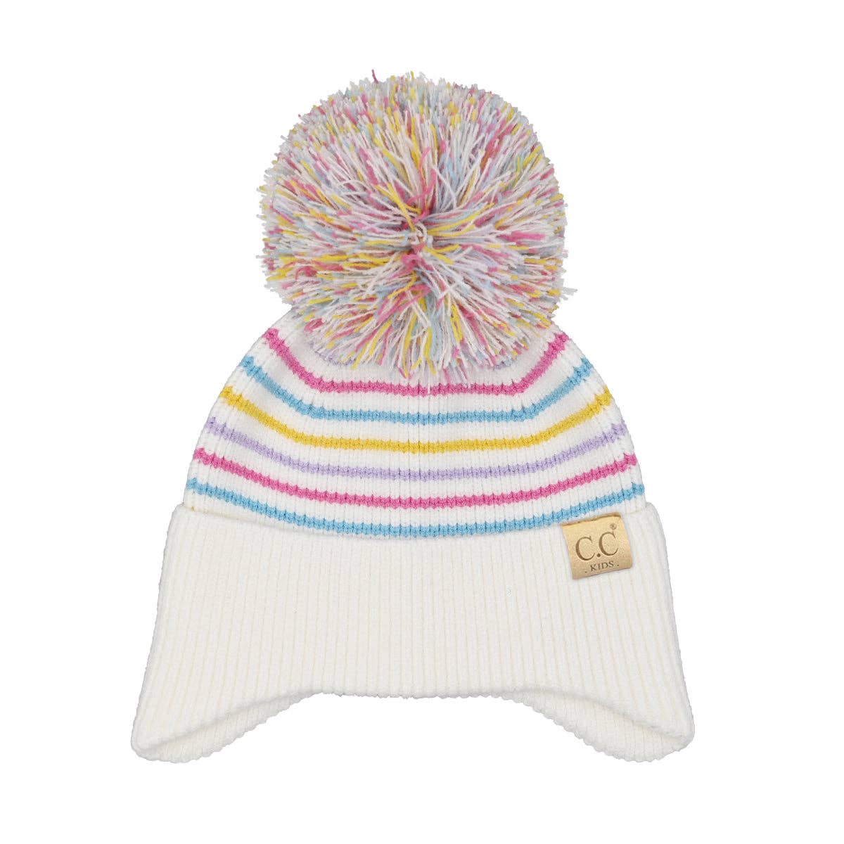 KIDS Stripe Earflap Yarn C.C Pom Beanie