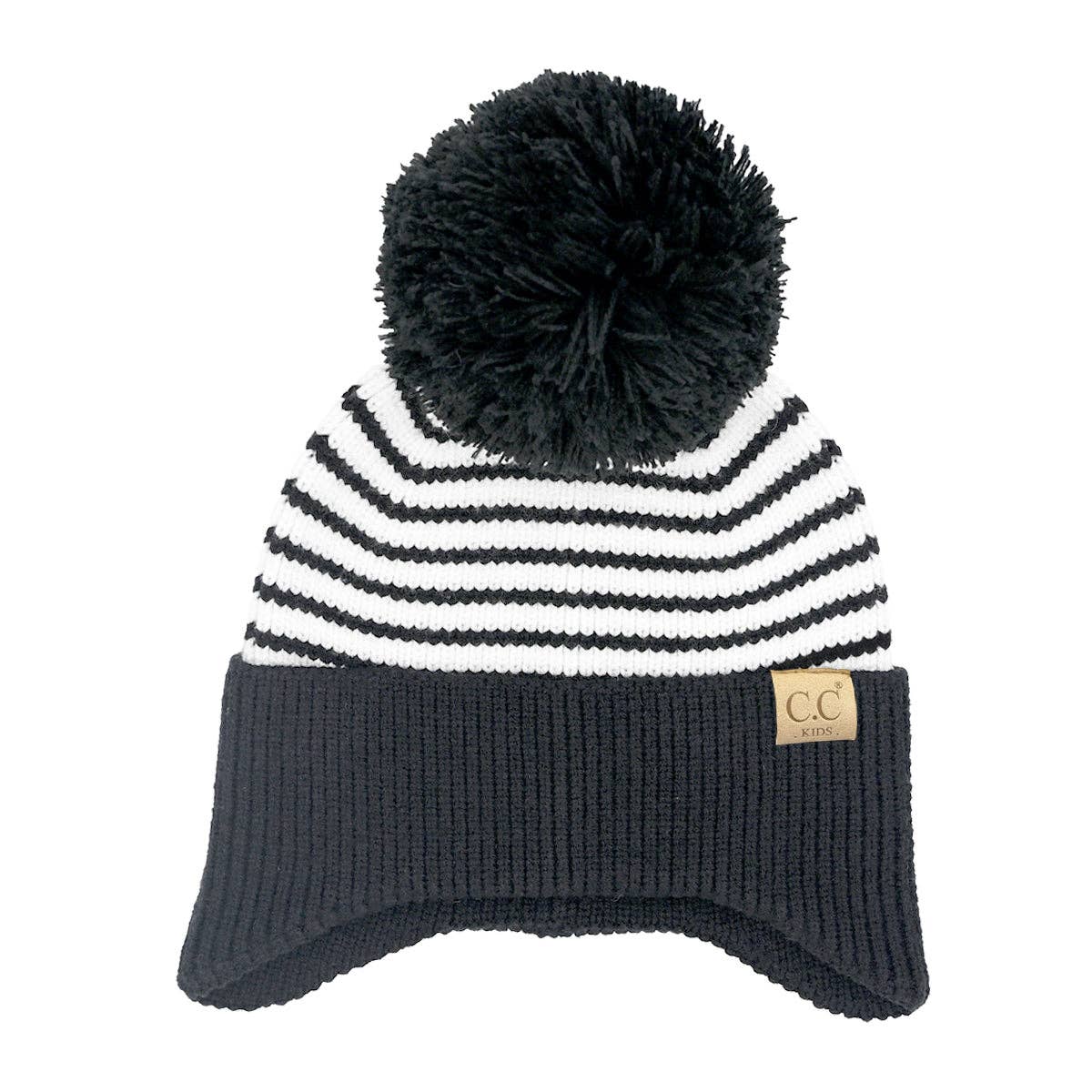 KIDS Stripe Earflap Yarn C.C Pom Beanie