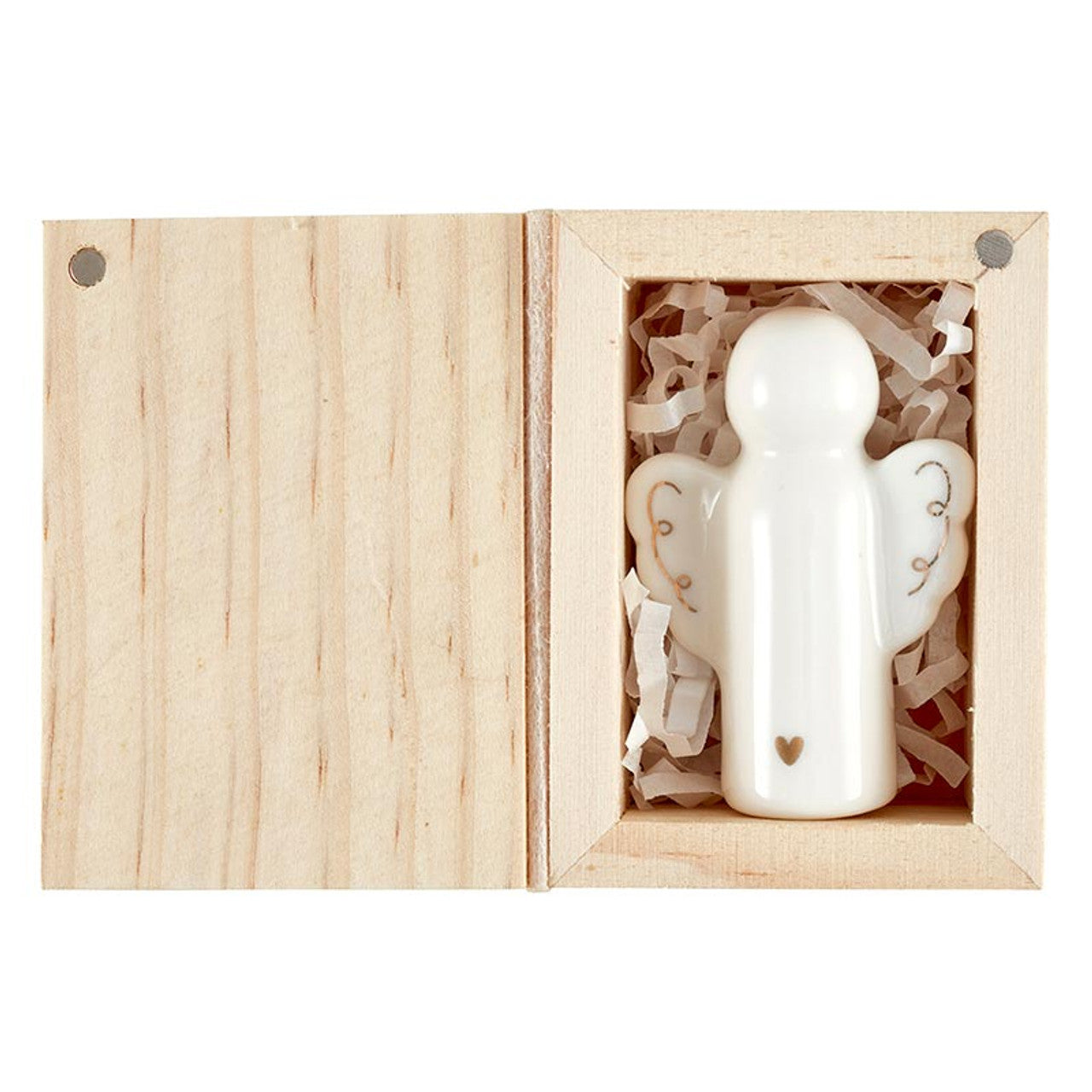 Ceramic Figurine Pine Wood Box - Angel