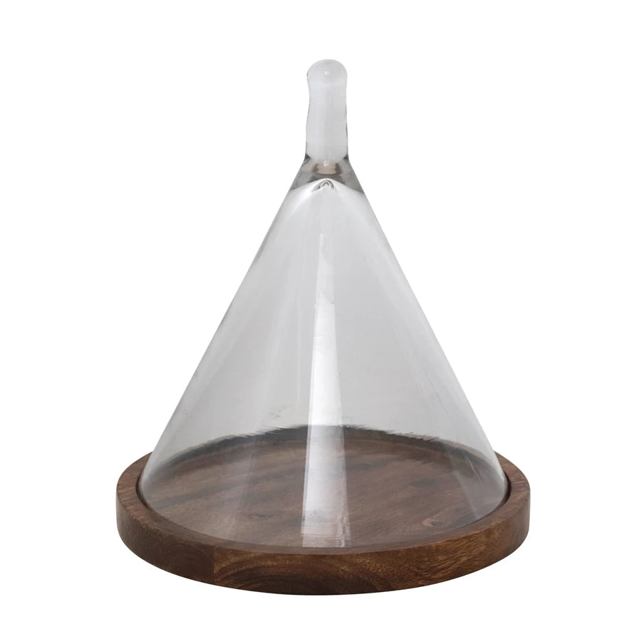 Glass Cone Shaped Cloche with Mango Wood Base