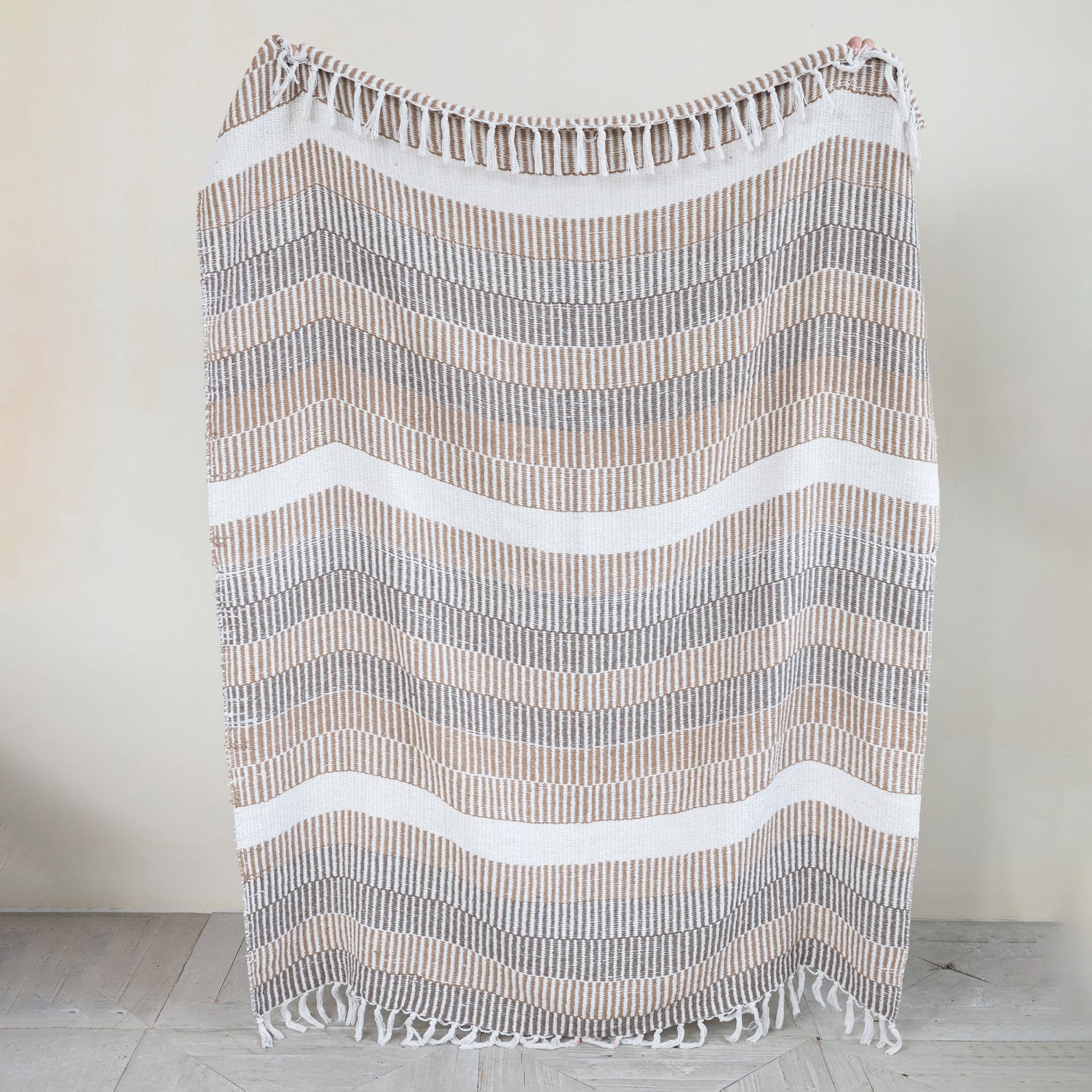 Cotton Blend Throw with Stripes & Fringe