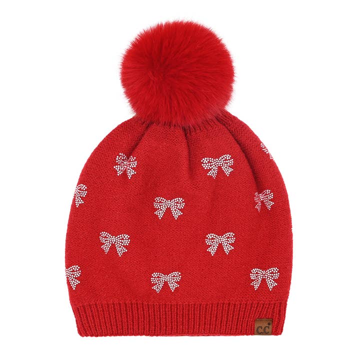 Mini Rhinestone Bow C.C Faux Fur Pom Beanie